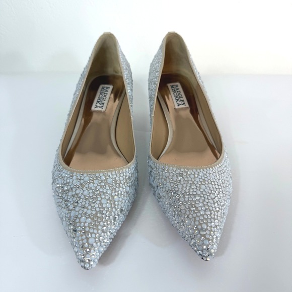 Badgley Mischka Shoes - Badgley Mischka Kitten Heels Silver Crystal Rhinestone Embellished Bridal 6.5